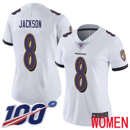 Baltimore Ravens Limited White Women Lamar Jackson Road Jersey NFL Football #8 100th Season Vapor Untouchable->baltimore ravens->NFL Jersey